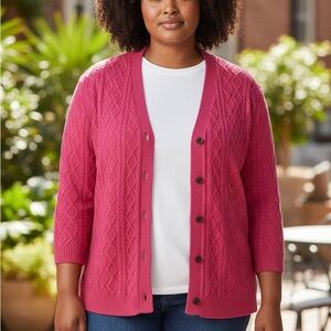 Talbots Long Sleeve V-neck Cable Knit Cardigan Hot Pink Size 2X Buttons